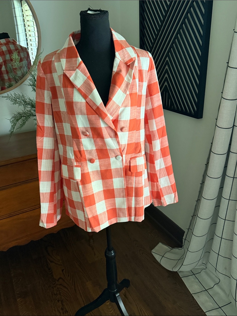 Fate Orange and White Gingham Double-Breasted linen blazer medium